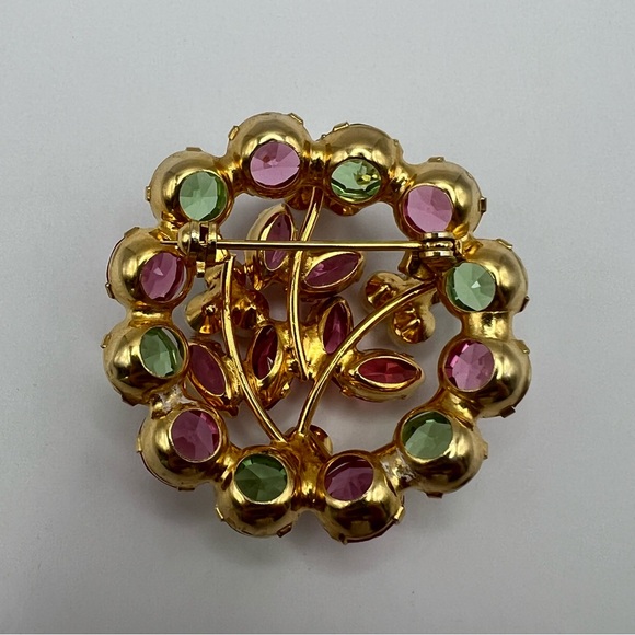 Colorful Pink & Green Rhinestone Brooch w/ Faux Pearl Flowers - Picture 3 of 5